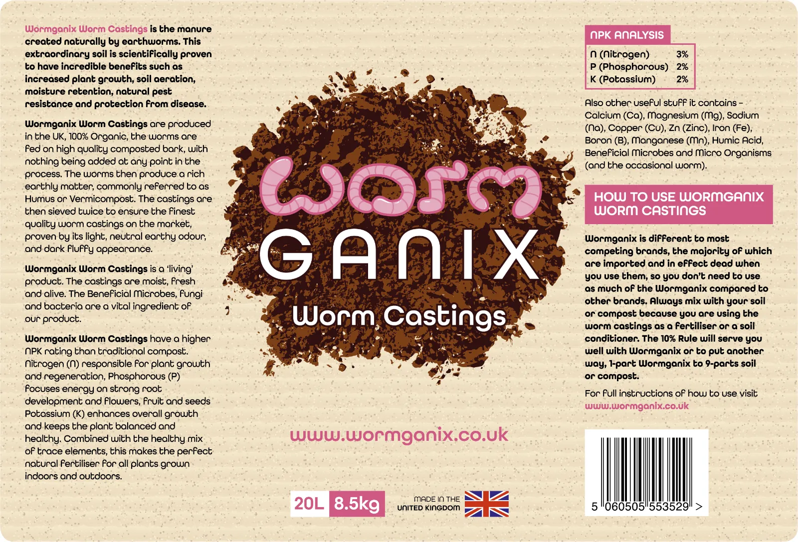 Wormganix 20 Litre Bag Premium Worm Castings Vermicompost Organic Moist Fresh